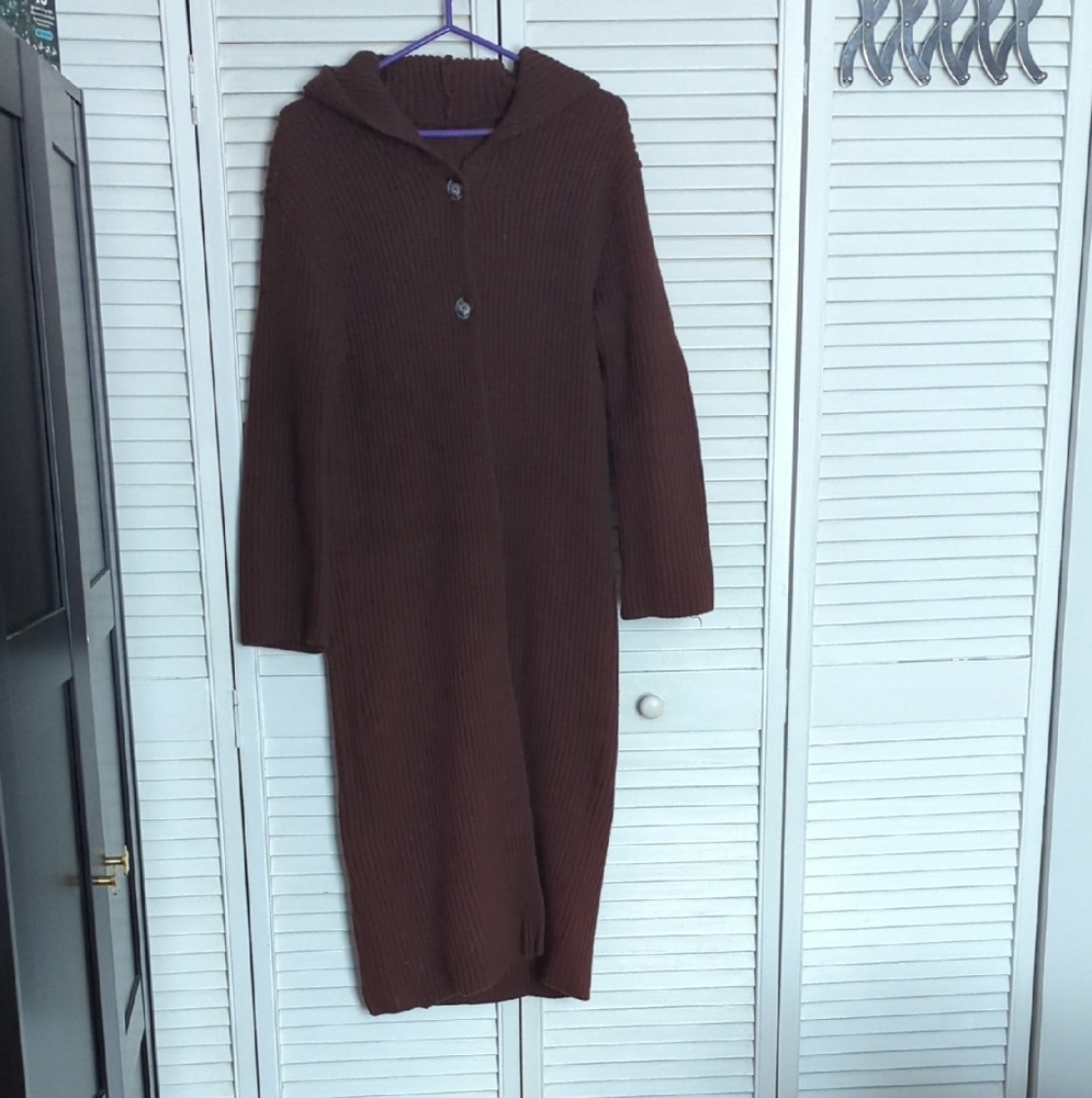 Long Brown Hooded Knit Cardigan With Hood